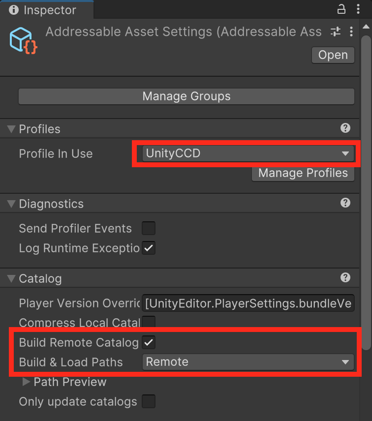 Addressables Settings