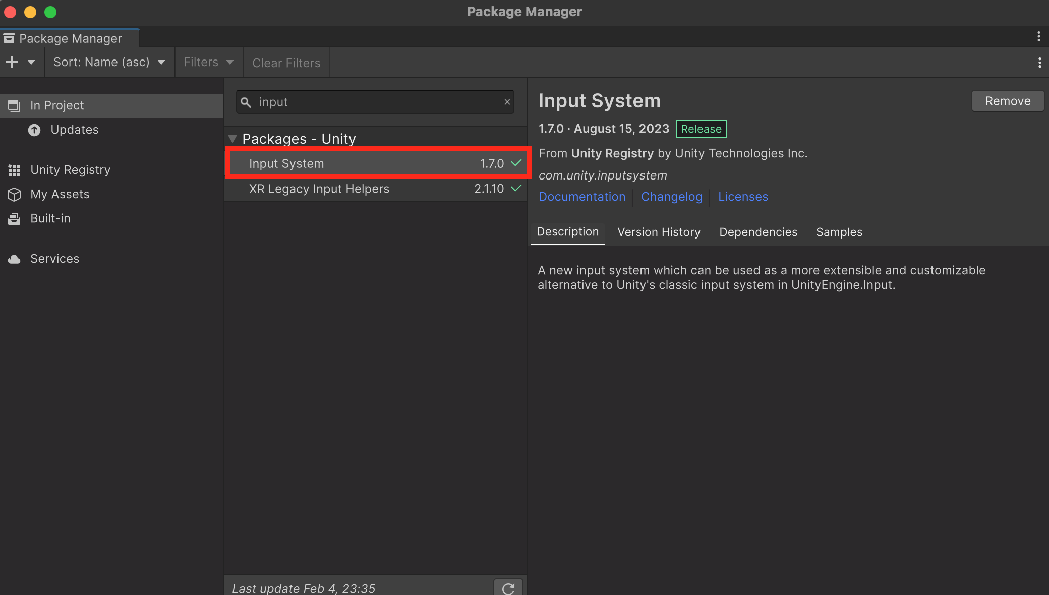 Package Manager Input System