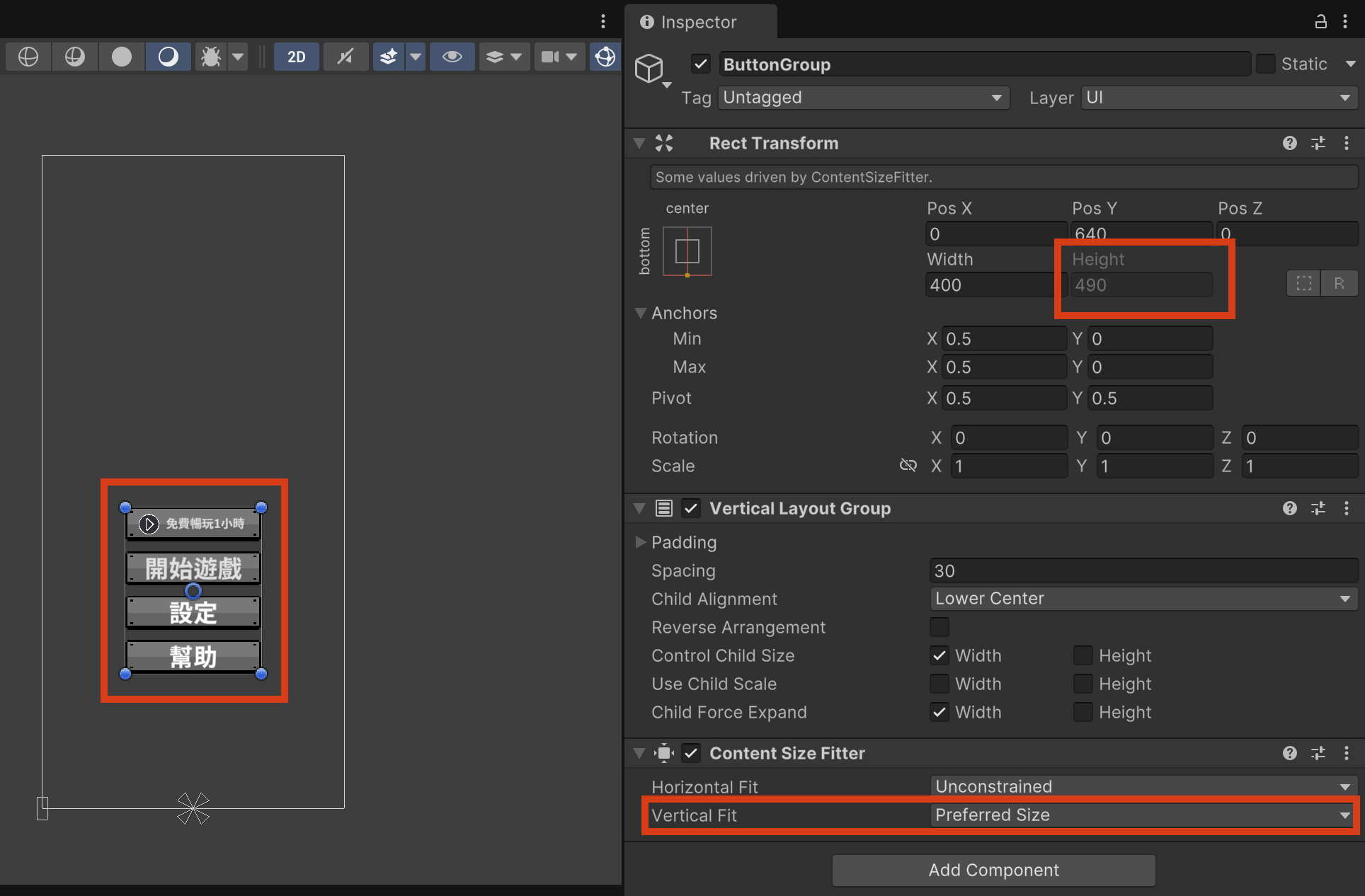 Content size fitter implementation